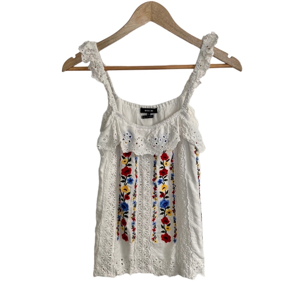 Miss Me White Floral Embroidered Tank Top